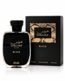 Hawas Black Eau de Parfum de Rasasi – frasco con caja