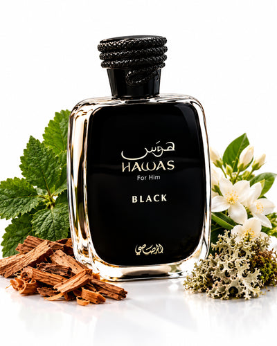 Hawas Black Eau de Parfum de Rasasi – frasco con sus notas: pachulí, cedro, jazmín