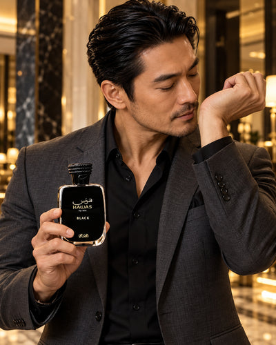 Hawas Black Eau de Parfum de Rasasi – modelo con el perfume