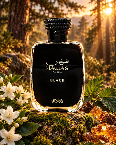 Hawas Black Eau de Parfum de Rasasi – paisaje inspirado en sus notas