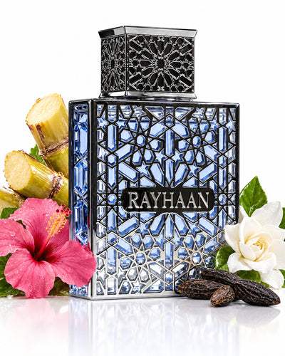 Aquatica Eau de Parfum de Rayhaan – frasco con sus notas: caña de azúcar, jazmín, hibisco
