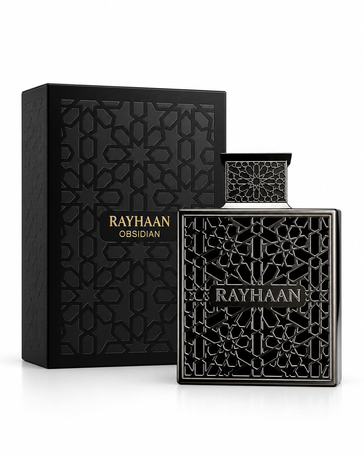 Obsidian Eau de Parfum de Rayhaan – frasco con caja