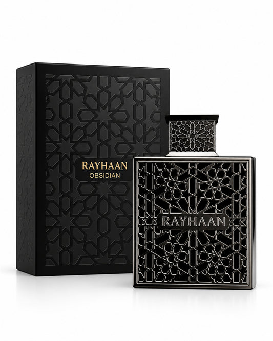 Obsidian Eau de Parfum de Rayhaan – frasco con caja
