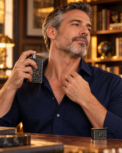 Obsidian Eau de Parfum de Rayhaan – modelo con el perfume