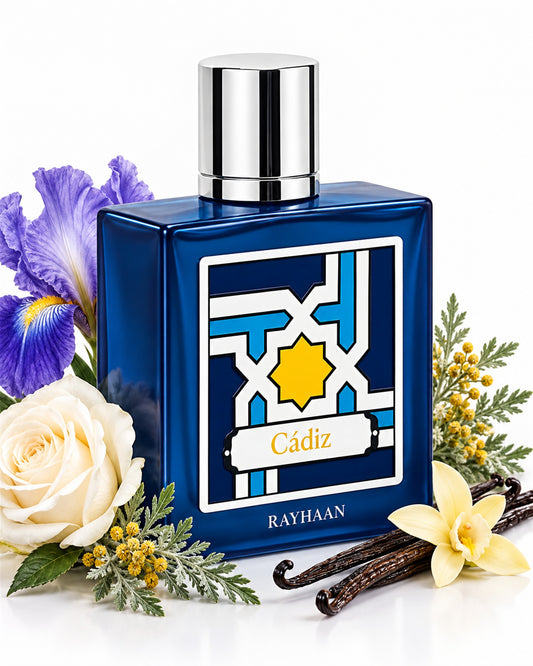 Cadiz Eau de Parfum de Rayhaan – frasco con sus notas: rosa, artemisa, iris
