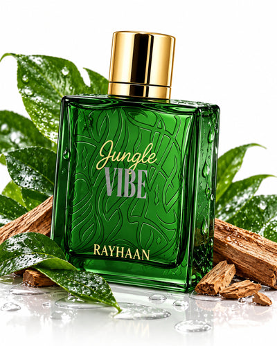 Jungle Vibe Eau de Parfum de Rayhaan – frasco con sus notas: notas verdes, notas acuáticas, sándalo