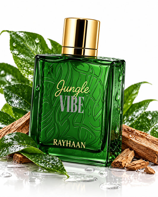 Jungle Vibe Eau de Parfum de Rayhaan – frasco con sus notas: notas verdes, notas acuáticas, sándalo