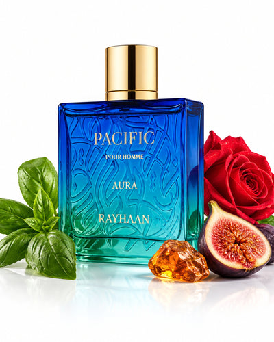 Pacific Aura Eau de Parfum de Rayhaan – frasco con sus notas: albahaca, zanahoria, rosa