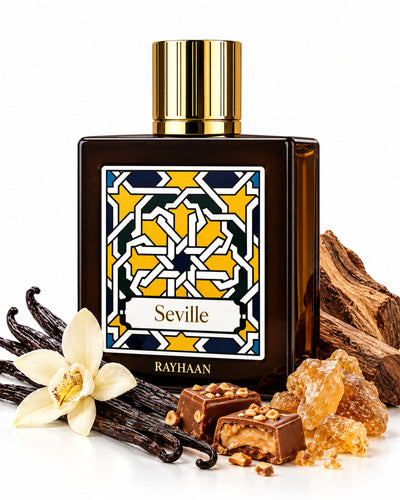 Seville Eau de Parfum de Rayhaan – frasco con sus notas: vainilla, elemí, praliné