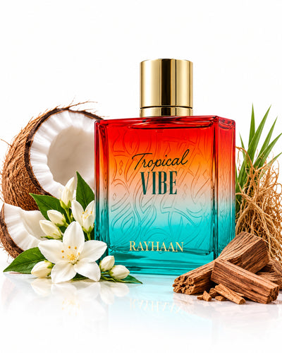Tropical Vibe Eau de Parfum de Rayhaan – frasco con sus notas: coco, flores blancas, notas marinas