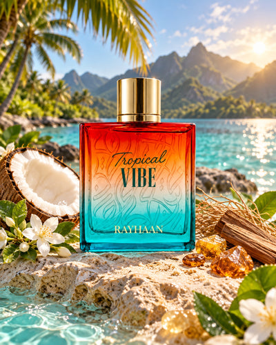 Tropical Vibe Eau de Parfum de Rayhaan – paisaje inspirado en sus notas