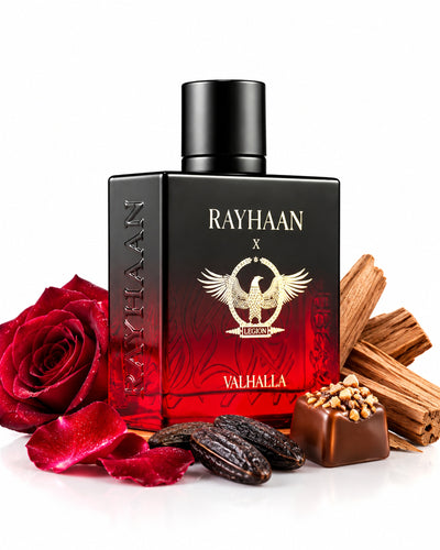 Valhalla Eau de Parfum de Rayhaan – frasco con sus notas: rosa búlgara, haba tonka, musgo de roble