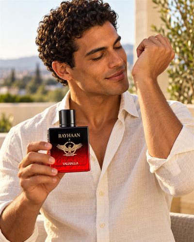 Valhalla Eau de Parfum de Rayhaan – modelo con el perfume